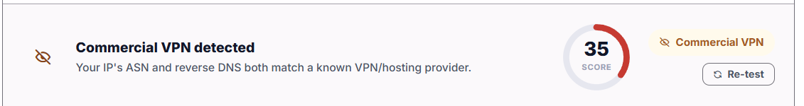 PrivacyTestLab Proxy / VPN Detection tool result for iTop VPN, showing a score of 35 and the verdict Commercial VPN detected