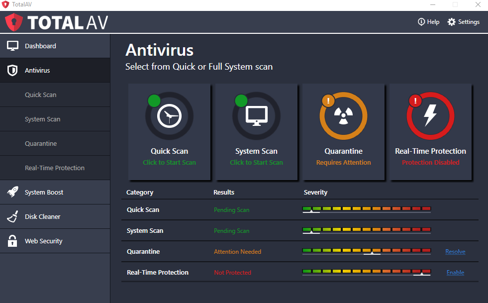 TotalAV's original desktop dashboard from shortly after its 2016 launch, showing the Antivirus tab with Quick Scan, System Scan, Quarantine, and Real-Time Protection tiles