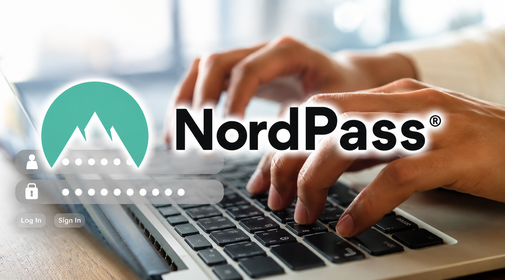NordPass promotional artwork showing the logo over a stylised login form, layered on a photo of hands typing on a laptop