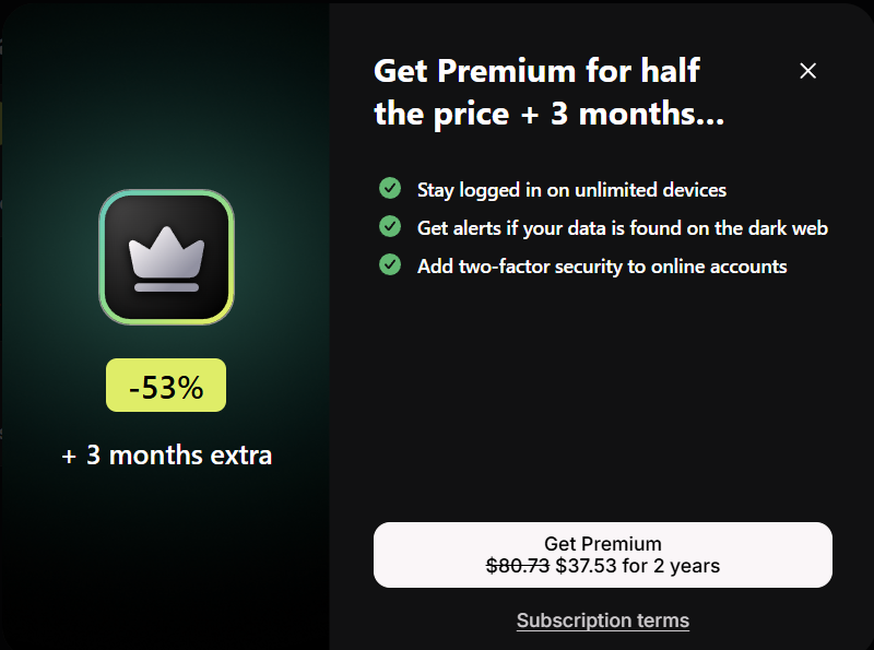 A NordPass on-site popup offering Premium at 53% off plus 3 extra months, for $37.53 over 2 years
