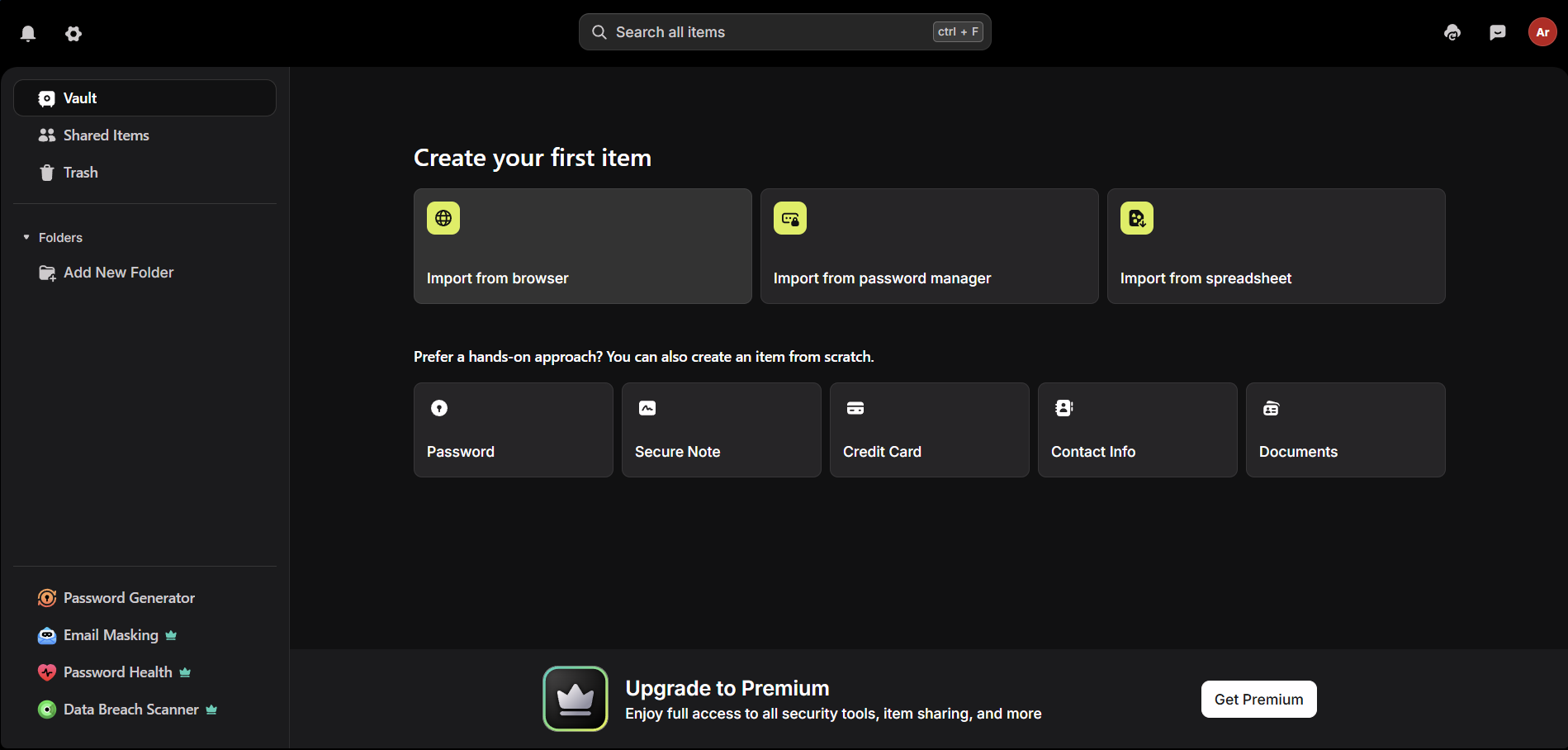 The NordPass vault dashboard, showing the Create your first item screen with Password Generator, Email Masking, Password Health, and Data Breach Scanner in the left sidebar