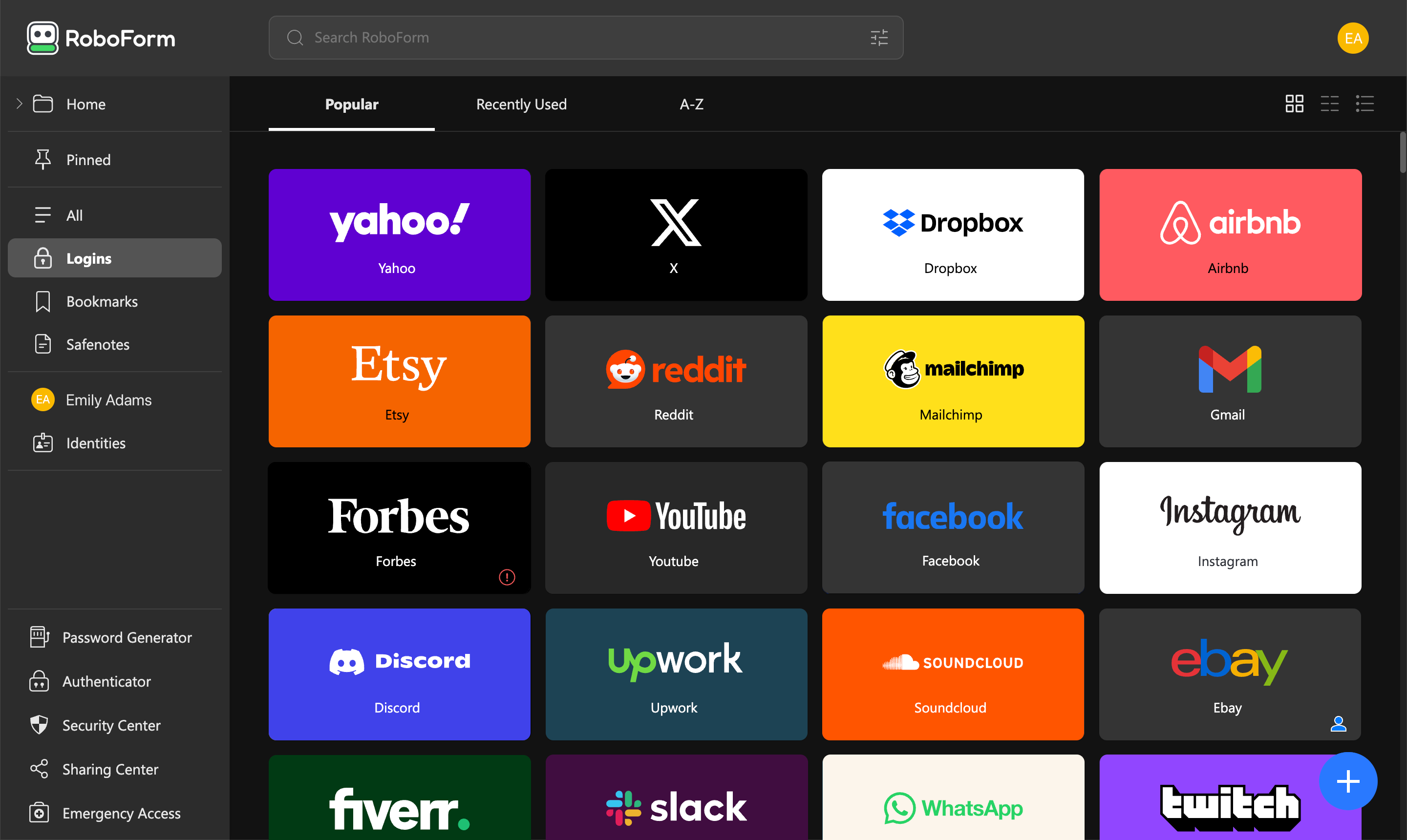 The RoboForm vault in dark mode, showing a grid of saved logins for sites like Yahoo, Dropbox, Gmail, and Discord, with Password Generator, Authenticator, and Security Center in the left sidebar