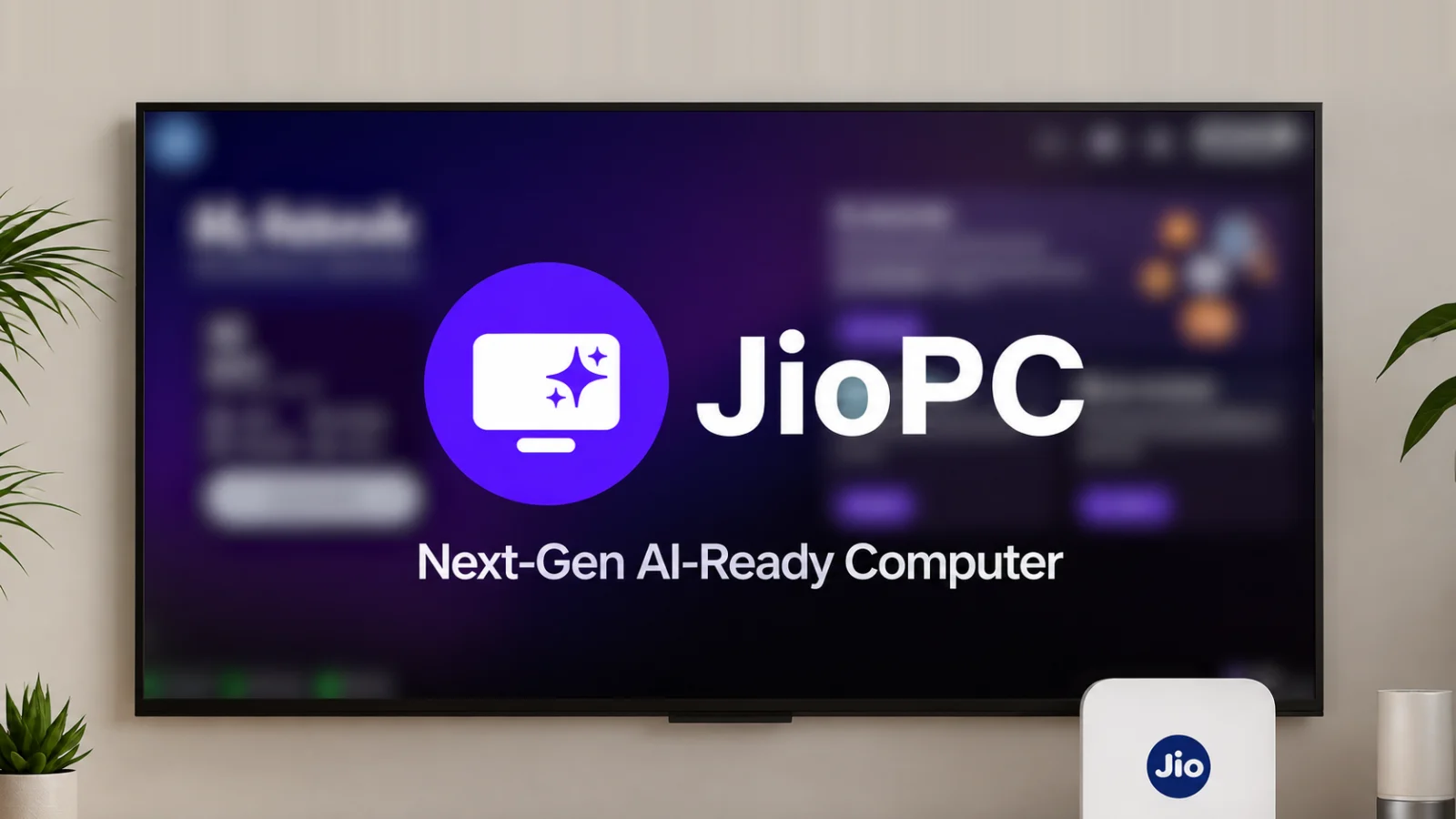 A wall-mounted TV showing the JioPC start screen, with a Jio set-top box on the console below it