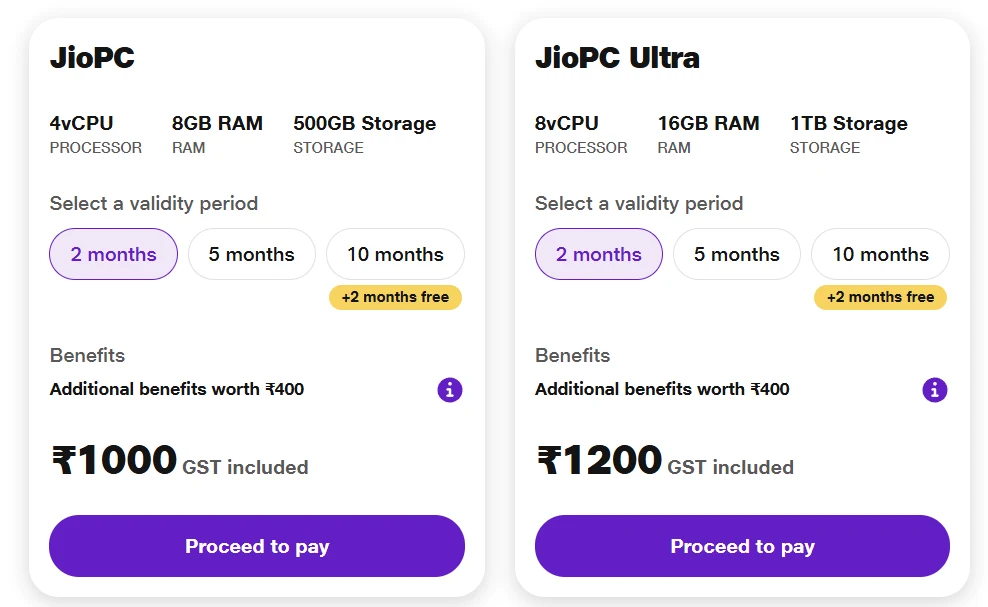 JioPC checkout showing the Standard plan at 4 vCPU, 8GB RAM and 500GB for Rs 1,000, and JioPC Ultra at 8 vCPU, 16GB RAM and 1TB for Rs 1,200, both for two months