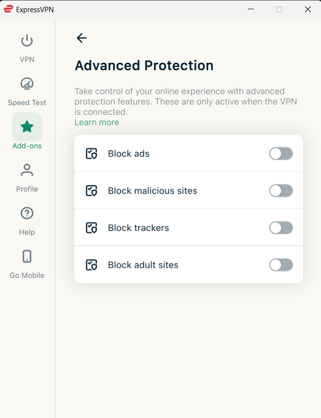 ExpressVPN Windows app's Advanced Protection panel with toggles for Block ads, Block malicious sites, Block trackers, and Block adult sites