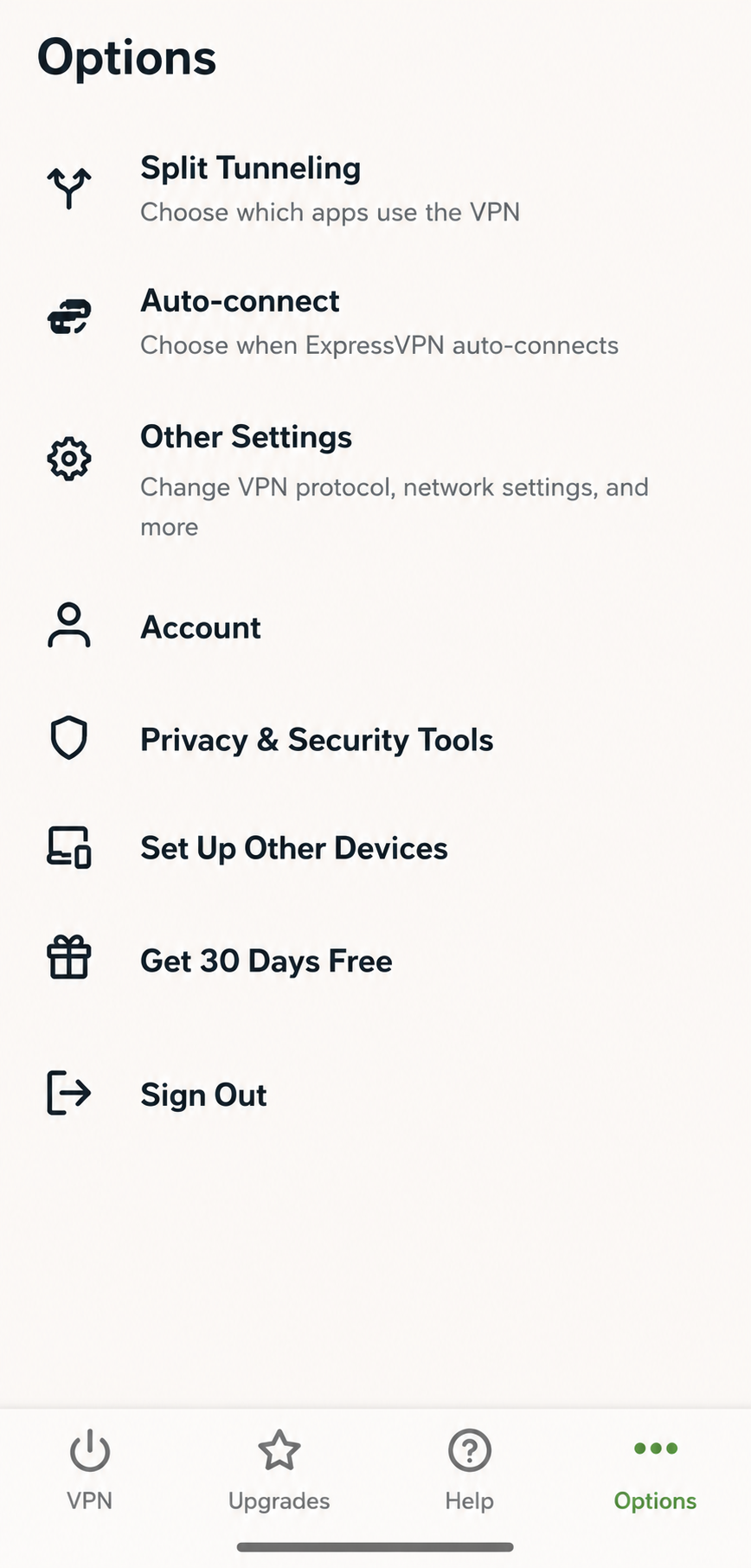 Illustration of ExpressVPN's mobile app Options menu, showing Split Tunneling, Auto-connect, Other Settings, Account, Privacy and Security Tools, Set Up Other Devices, and Sign Out