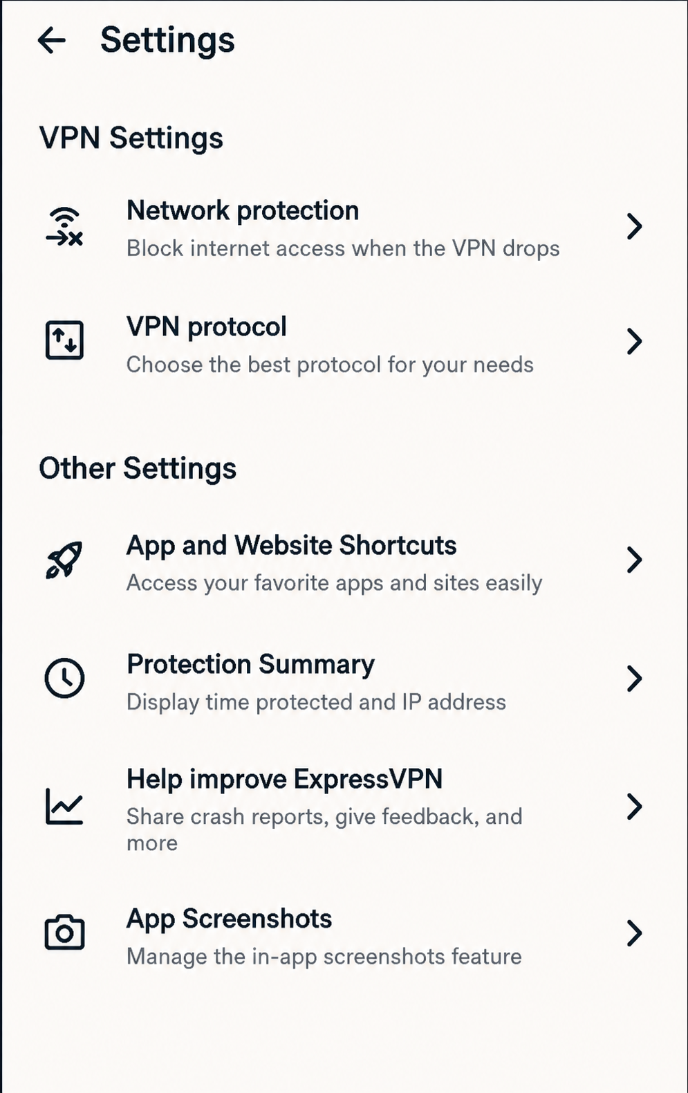 Illustration of ExpressVPN's Settings screen, showing Network Protection (block internet access when the VPN drops) and VPN protocol selection