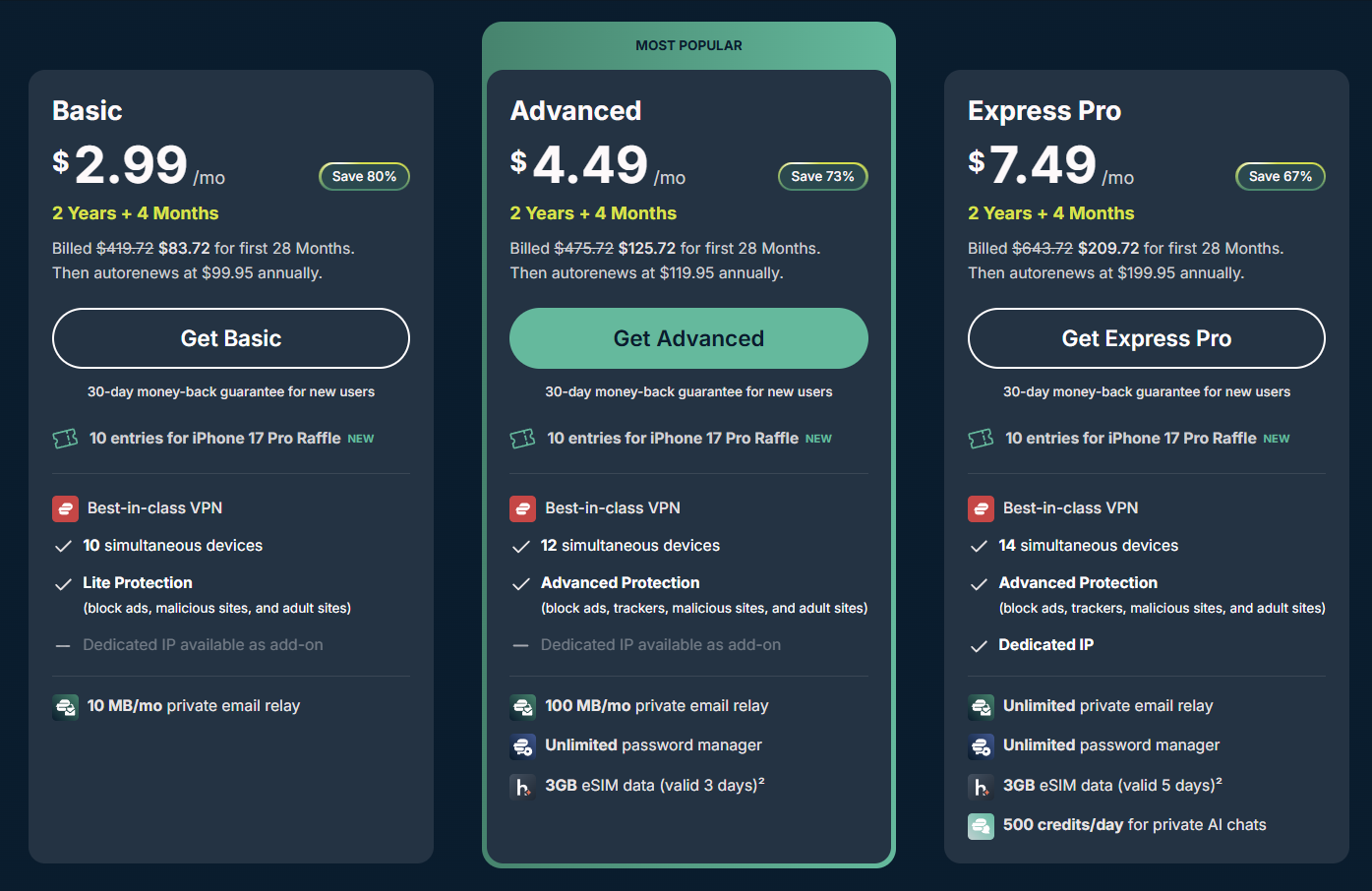ExpressVPN's three pricing tiers on expressvpn.com — Basic at $2.99/mo, Advanced at $4.49/mo, and Express Pro at $7.49/mo, each billed for 2 years plus 4 bonus months