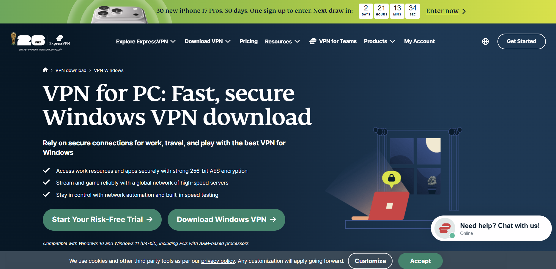 ExpressVPN's Windows VPN download page on expressvpn.com, showing the Start Your Risk-Free Trial and Download Windows VPN buttons