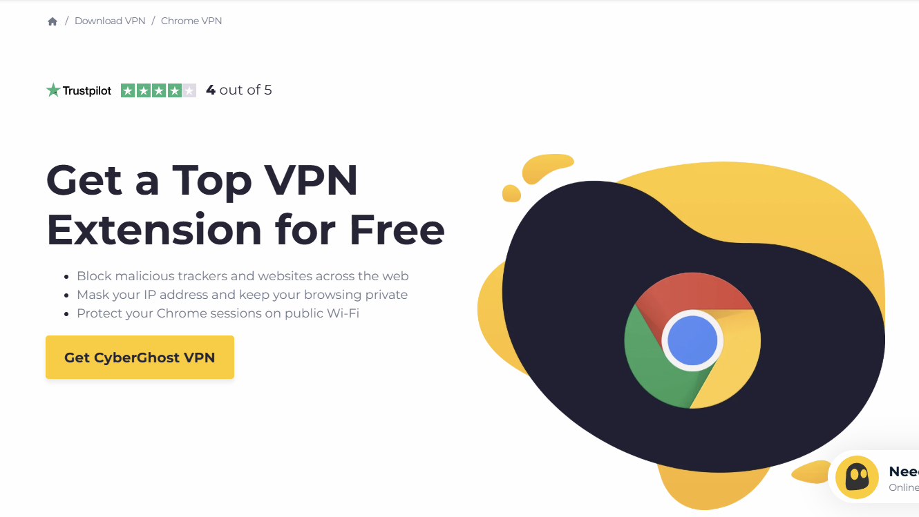 CyberGhost's Chrome VPN extension landing page: Get a Top VPN Extension for Free, with bullets for blocking trackers, masking your IP, and protecting Chrome sessions on public Wi-Fi