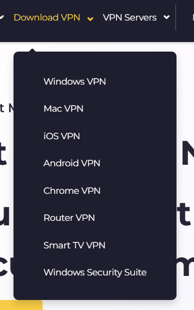 CyberGhost's Download VPN menu on cyberghostvpn.com, listing Windows VPN, Mac VPN, iOS VPN, Android VPN, Chrome VPN, Router VPN, Smart TV VPN, and Windows Security Suite