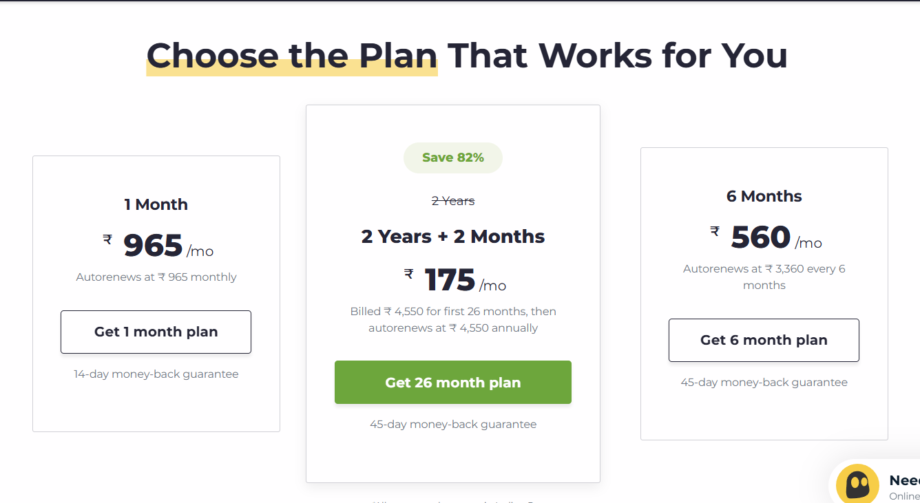CyberGhost's three billing plans on cyberghostvpn.com: 1 month, 2 years plus 2 months (marked Save 82%), and 6 months, each with a money-back guarantee
