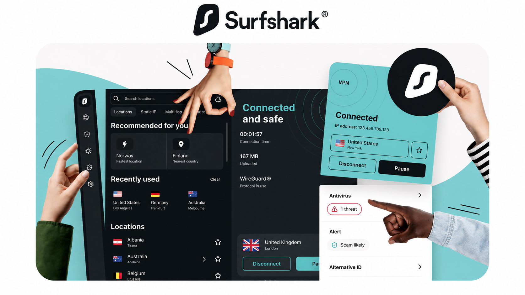 Surfshark app interface showing a connected VPN session, server locations list, and the One tier's bundled Antivirus threat alert, Alert breach monitoring, and Alternative ID panels