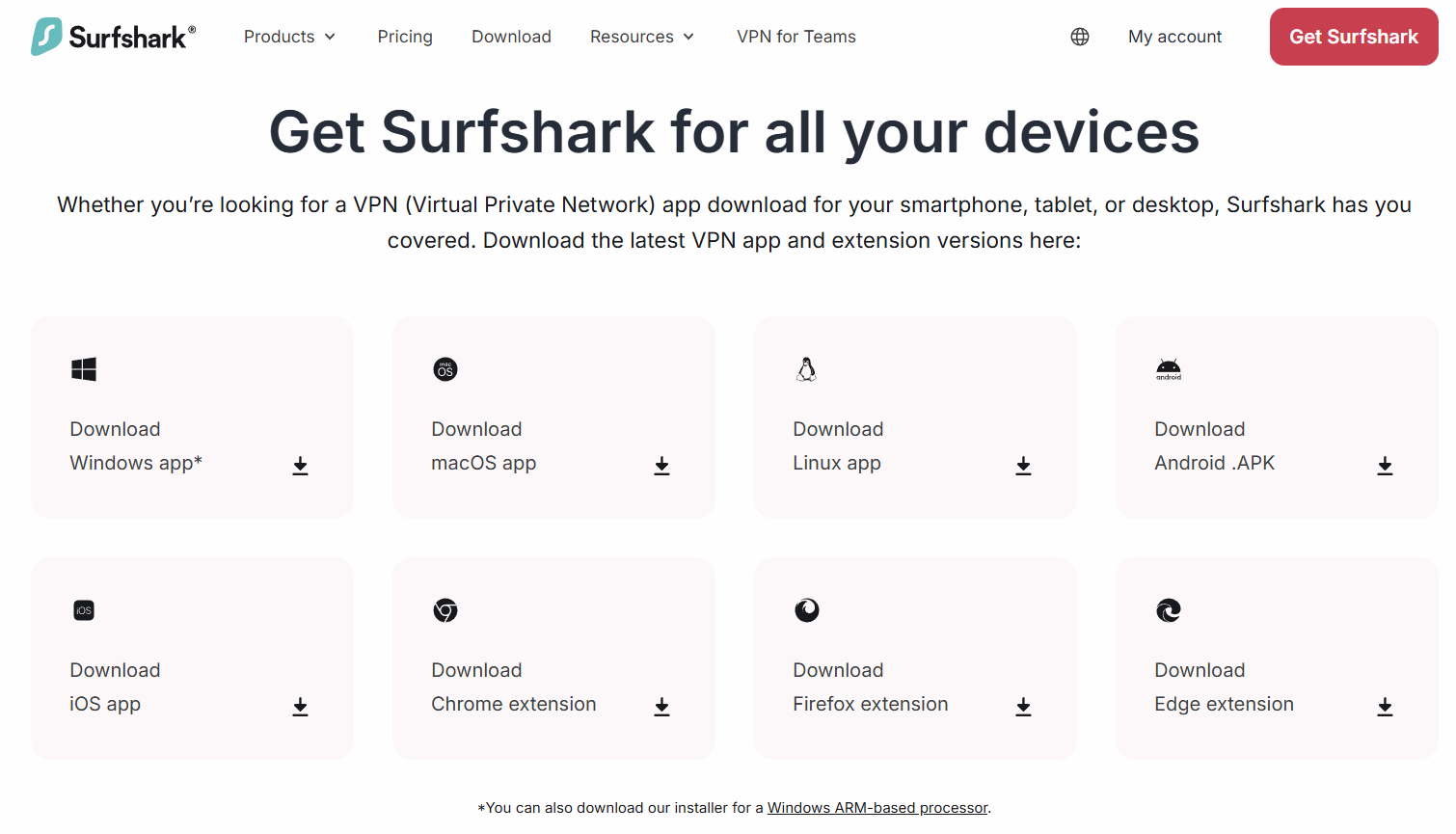 Surfshark's official download page listing Windows, macOS, Linux, and Android app downloads alongside Chrome, Firefox, and Edge extension downloads