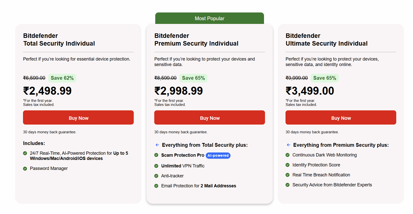 Bitdefender pricing tiers showing Total Security, Premium Security with Scam Protection Pro and unlimited VPN traffic, and Ultimate Security with dark web monitoring