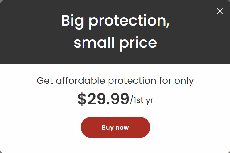 A McAfee on-site offer popup reading Big protection, small price, advertising protection for $29.99 for the first year