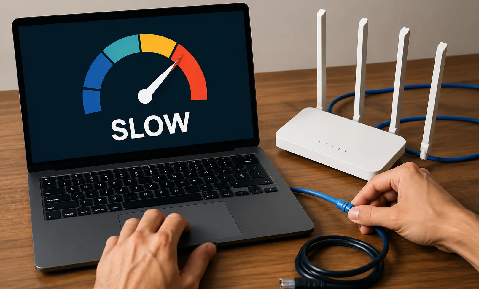 A laptop showing a speedometer in the red marked SLOW, next to a Wi-Fi router with an ethernet cable being plugged in